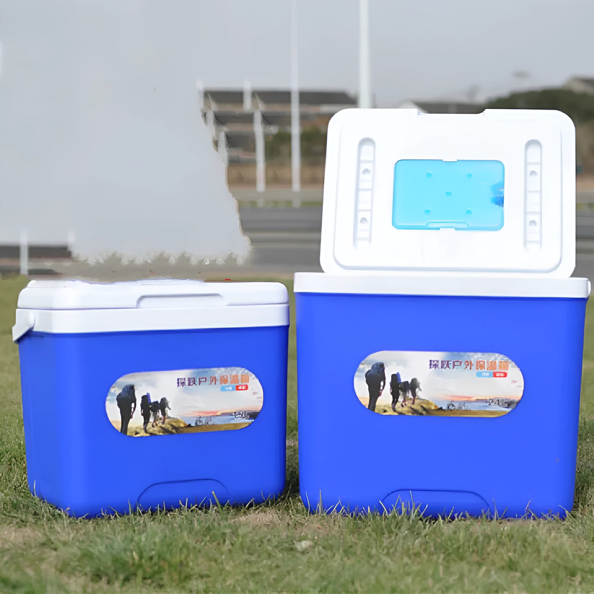Blue portable insulated cooler bag with aluminium foil lining, shown in multiple capacity sizes.