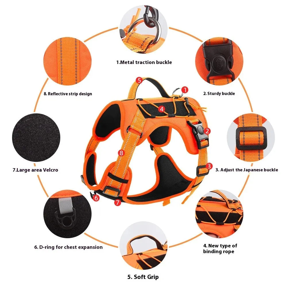 Reflective dog harness vest with integrated hand-holding rope leash in orange colour showing explosion-proof chest strap design