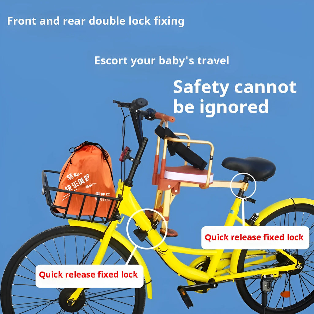 Aluminium alloy front-mounted folding child seat for shared bicycle in yellow with armrest