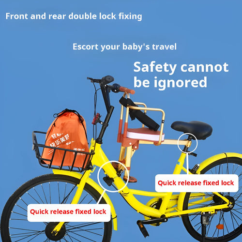 Aluminium alloy front-mounted folding child seat for shared bicycle in yellow with armrest