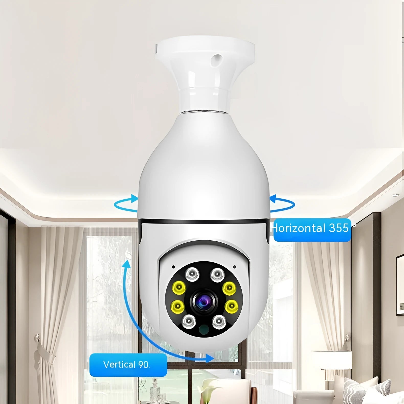 Wireless wifi bulb camera with 1080p resolution and full colour night vision measuring 5cm by 12cm