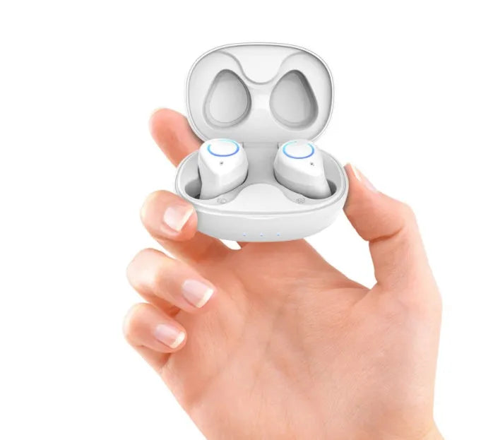 M18 true wireless Bluetooth earbuds in black and white colours with charging case