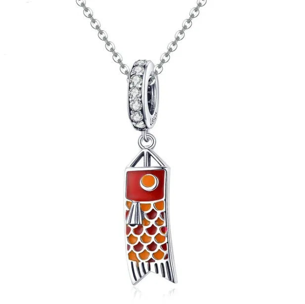 S925 sterling silver carp streamer pendant with zircon detail, measuring 2.8cm tall.