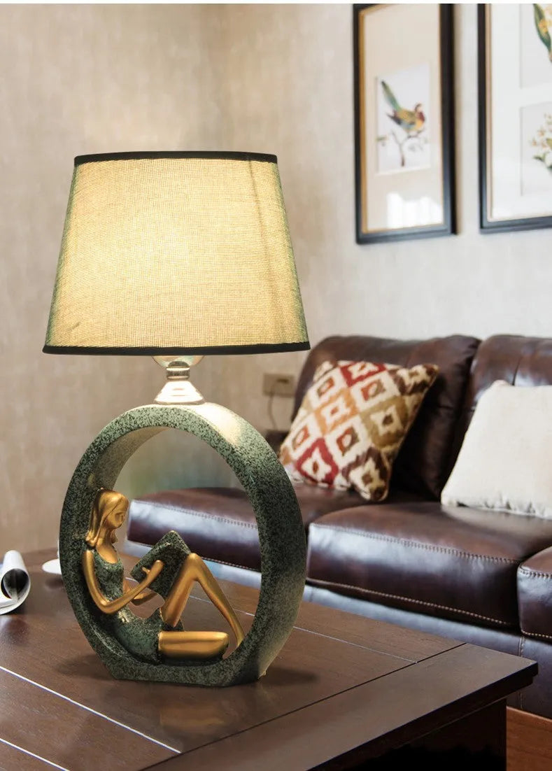 Blue cloth lampshade reading table lamp on desk with resin base, 20x39.8cm, E27 socket