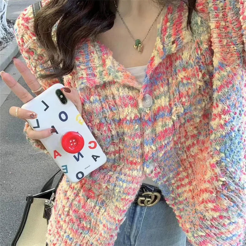 Retro rainbow knitted cardigan in pink toothbrush hair acrylic fabric