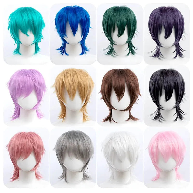 Men's short hair anime cosplay wig with lengthened anti-curling tail in high-temperature fibre