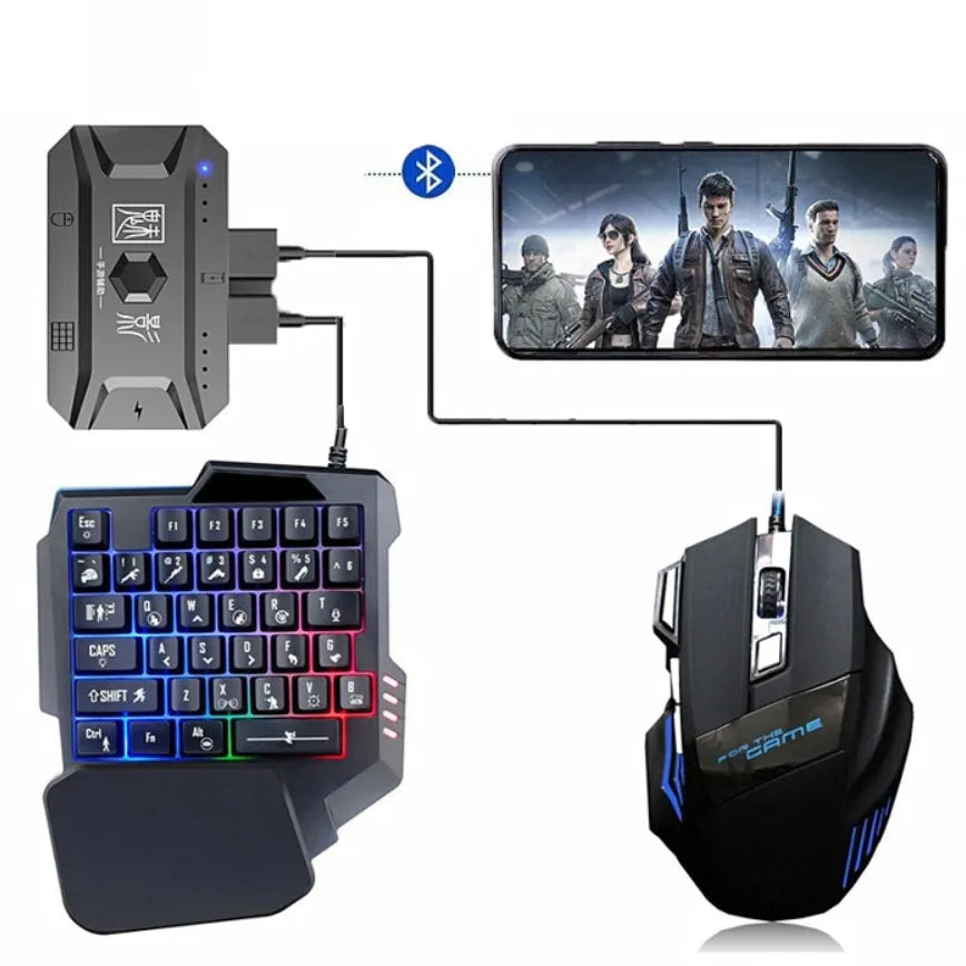 Mobile gaming keyboard mouse converter set with ABS plastic components in grey, USB cable, and throne