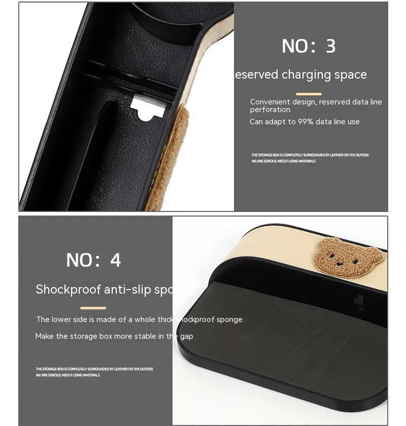 Leather car seat gap storage box with cartoon bear design for holding phone and keys