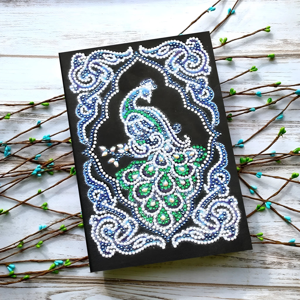 A5 black diamond painting notebook with peacock design using shaped and bright drill techniques