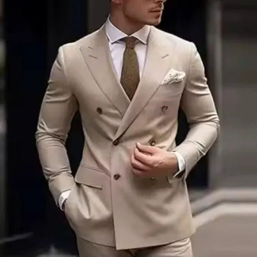 Men's gray slim fit two-piece Korean style suit jacket and pants for business or wedding