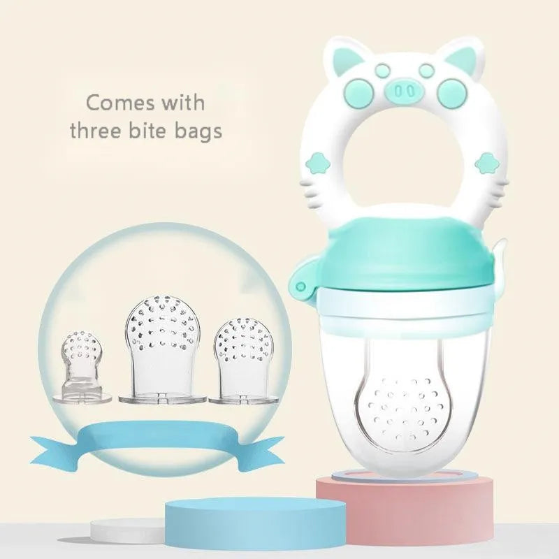 Silicone baby teether in blue, green or pink with single or triple mouthpiece designs for infant gum relief