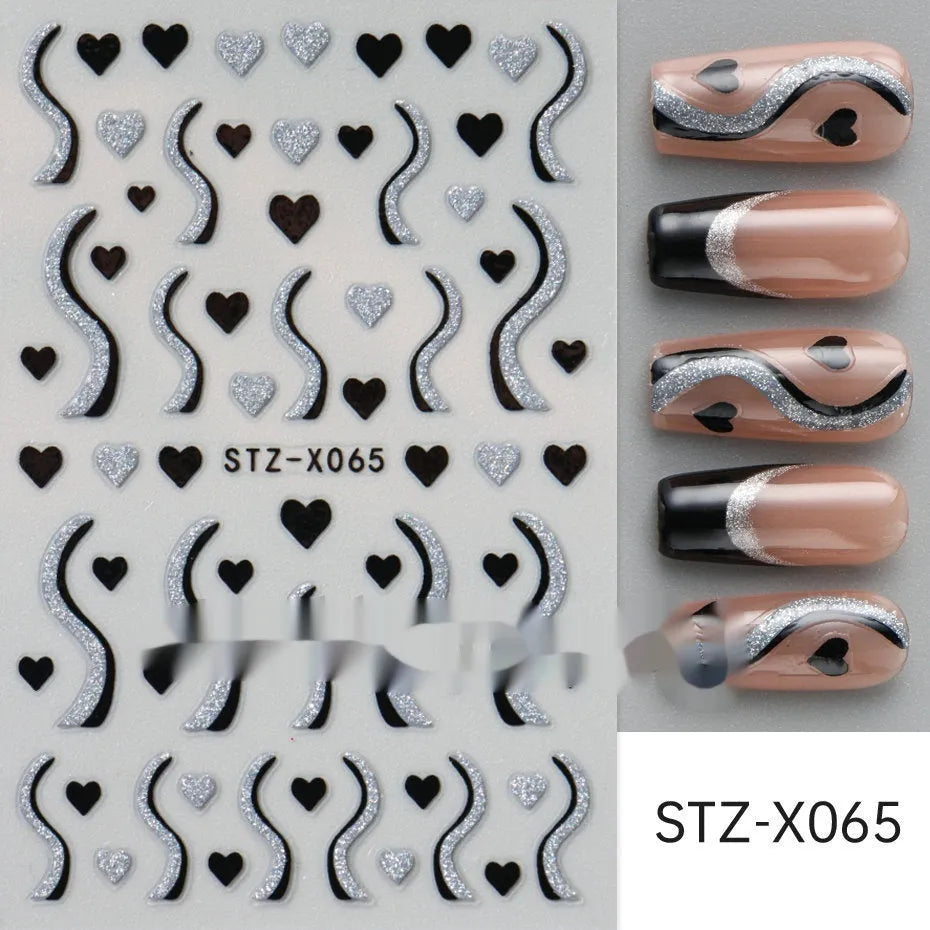 Sheet of nail art stickers with black and silver stripes and a love heart pattern.