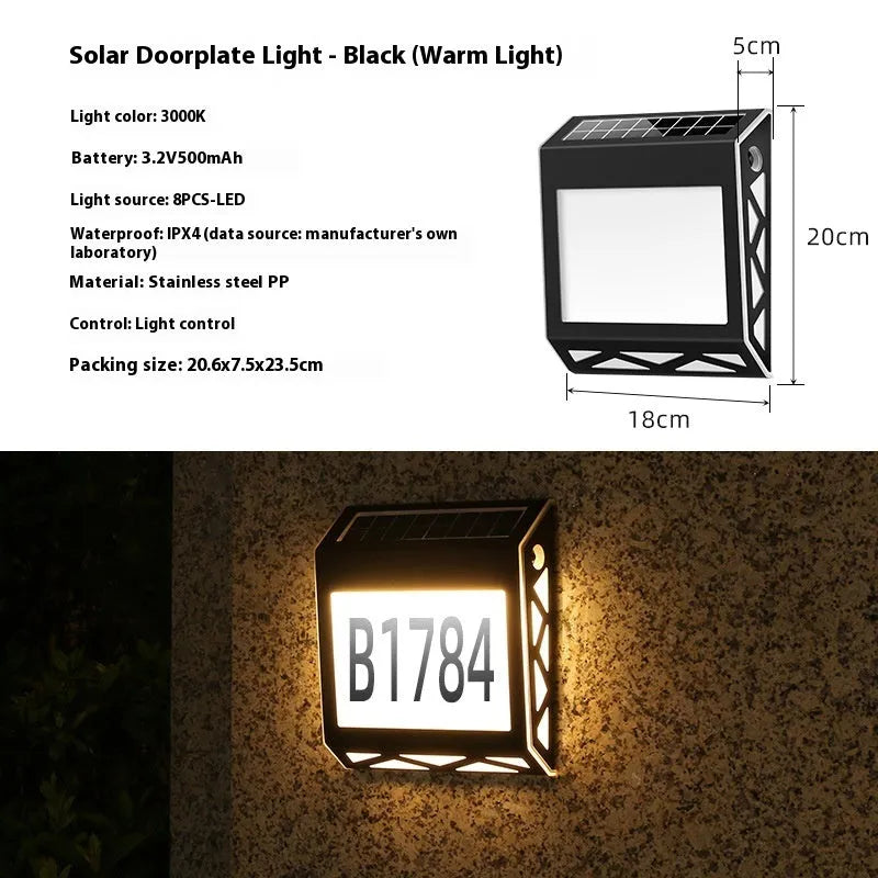 Solar powered waterproof doorplate light for outdoor address numbers with black and silver colour options