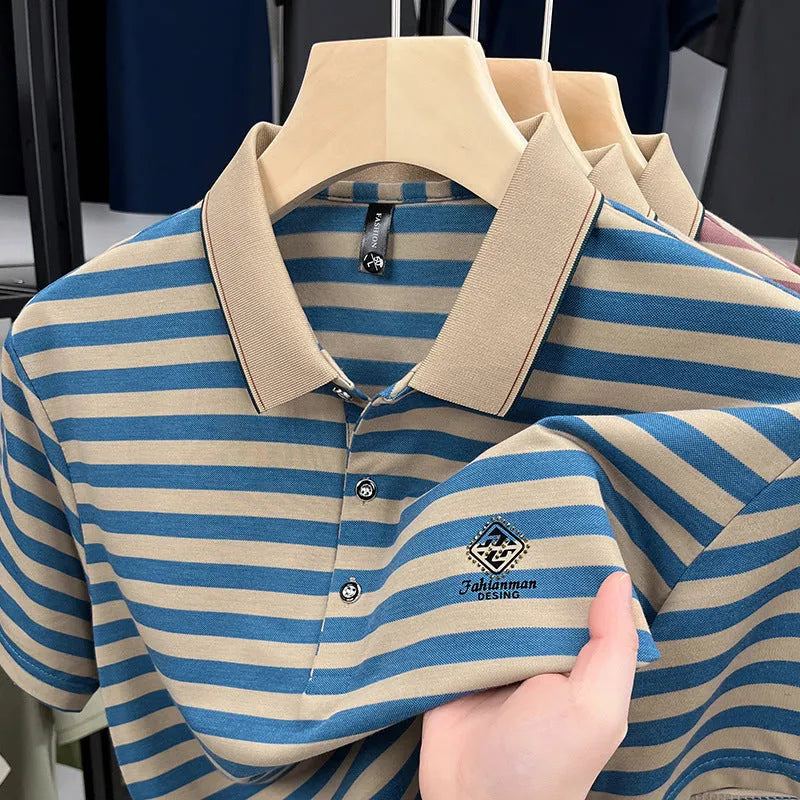 Men's striped casual short sleeve shirt with mosaic pattern detail in red, blue, or green colour options.