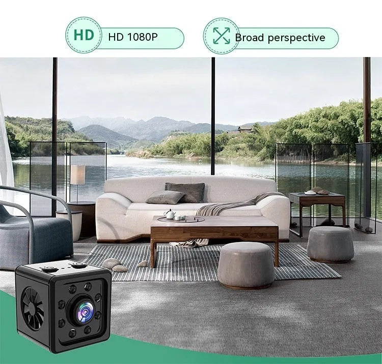 Black cubic network sports camera with mounting bracket on flat surface