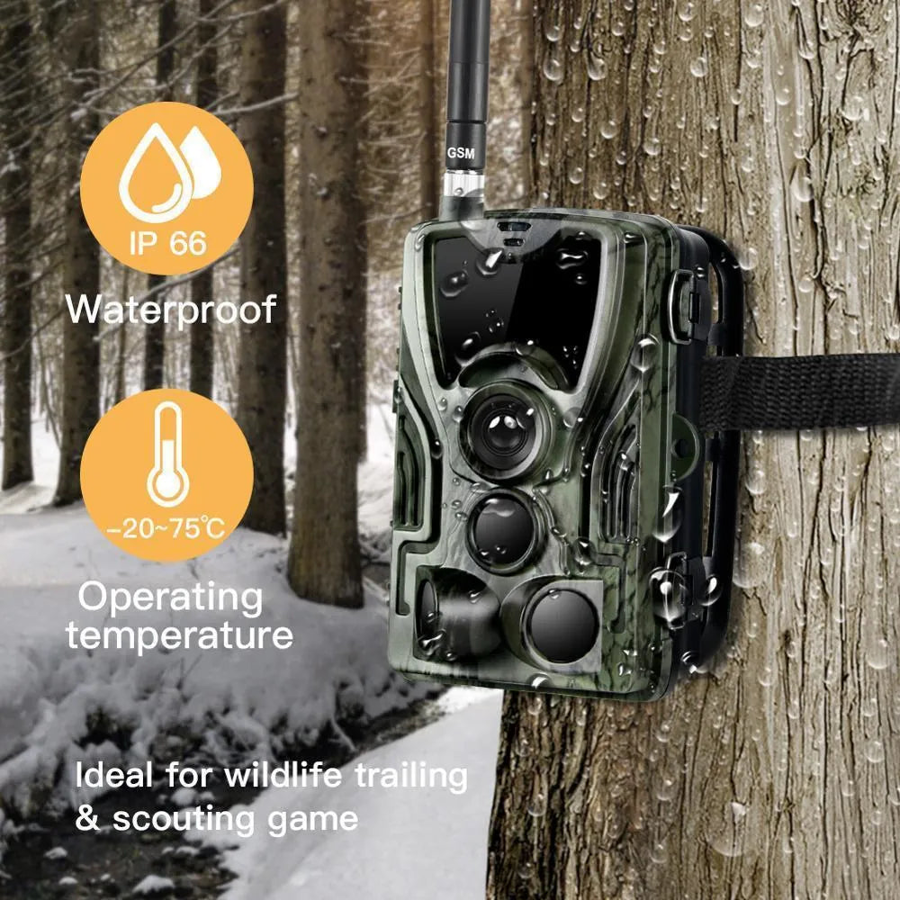 Green camouflage trail camera with 16MP sensor and IP65 waterproof rating for outdoor wildlife monitoring