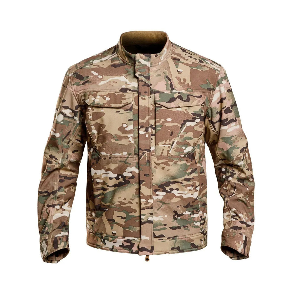 Bone Frog Peak Breaker soft shell tactical jacket in black, shown in outdoor setting.