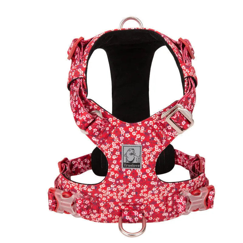 Floral patterned pure cotton dog chest harness with adjustable straps for walking control
