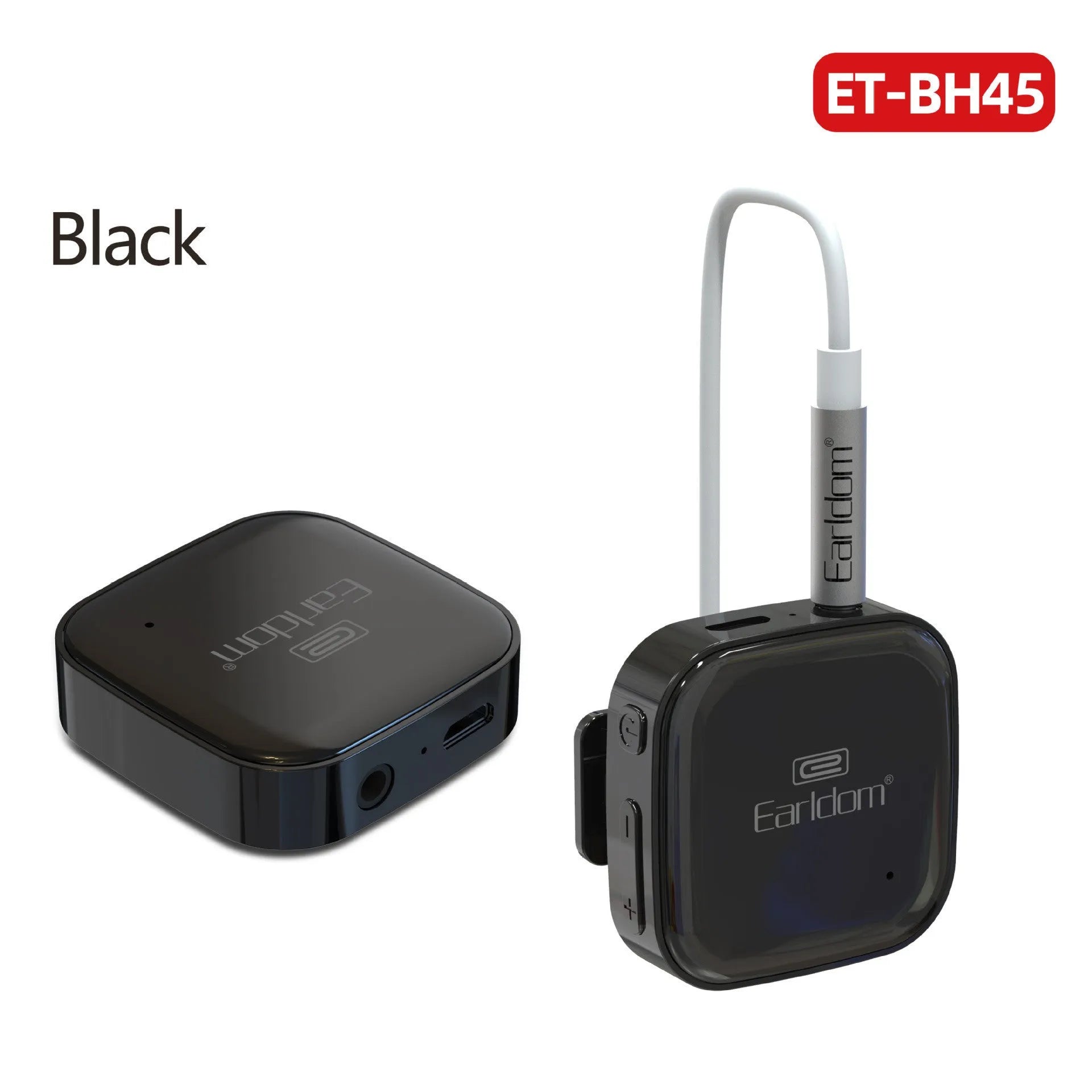 Bluetooth lavalier headphones with audio receiver showing colour options and lavalier clip design