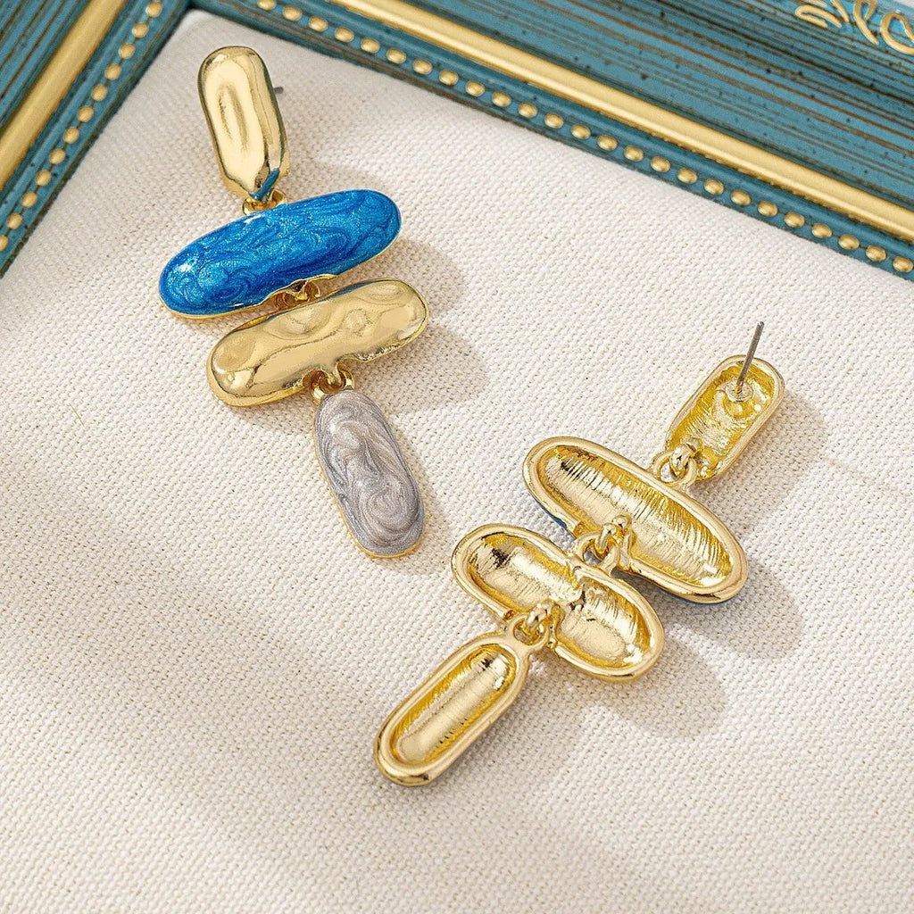 Geometry shape stud earrings with electroplated multicolour finish on zinc alloy