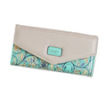 Large black three fold PU leather wallet with a metal buckle and leather clip fastening, shown open.