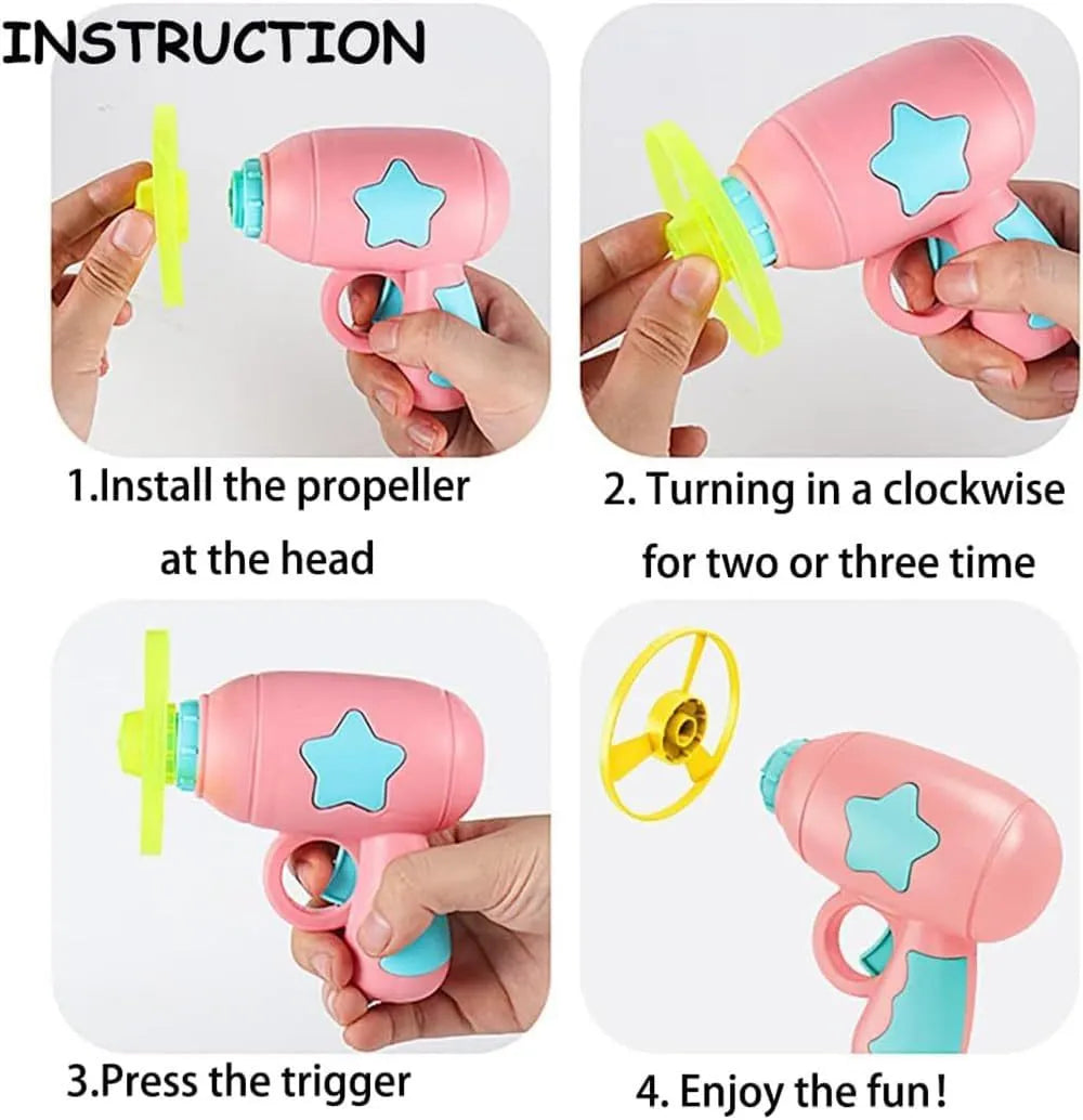Blue or pink plastic cat toy gun launcher with spinning Frisbee for indoor cat play.
