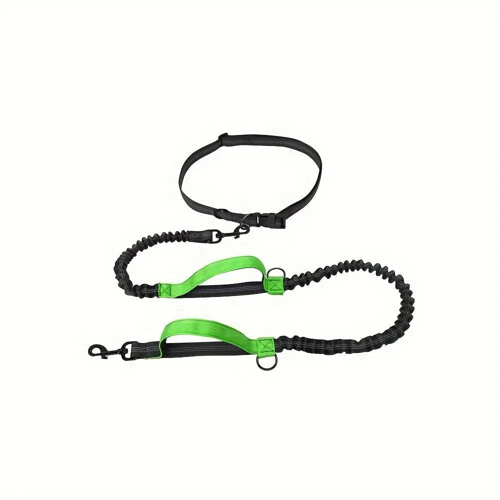 Hands-free dog leash with adjustable waist belt in durable nylon, available in five colours for running and walking