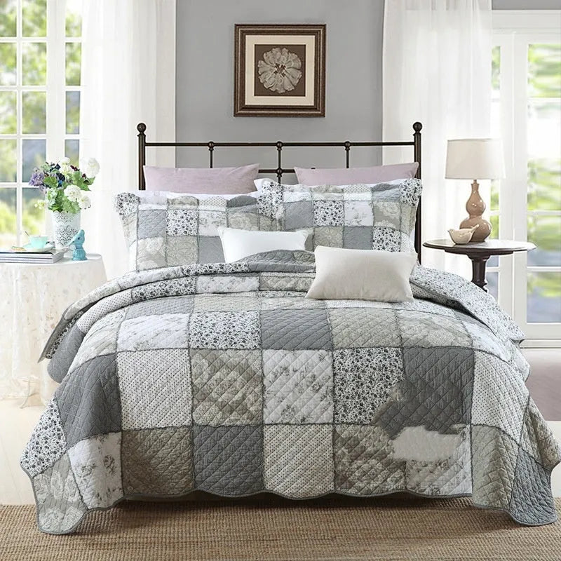 Pure cotton quilted bedspread and two pillowcases laid flat, showing textured fabric and Korean-style design.