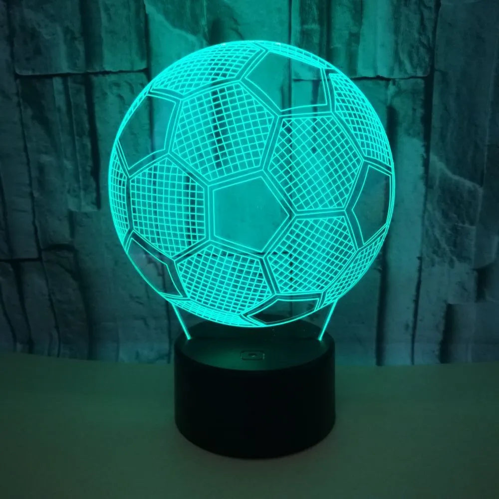 3D football-shaped night light with colourful LED illumination on an ABS base.