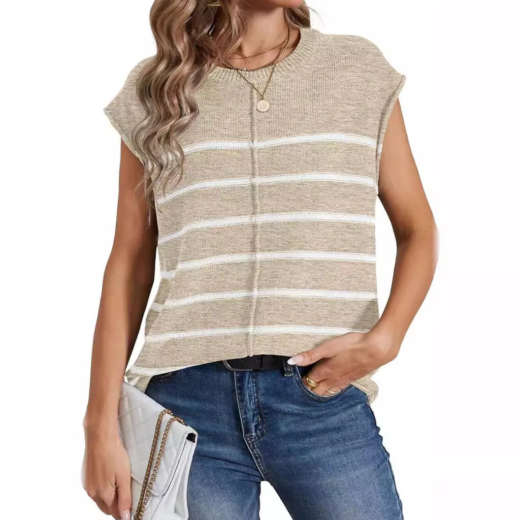 Women's striped sleeveless pullover vest in acrylic fabric showing bone stitching detail.