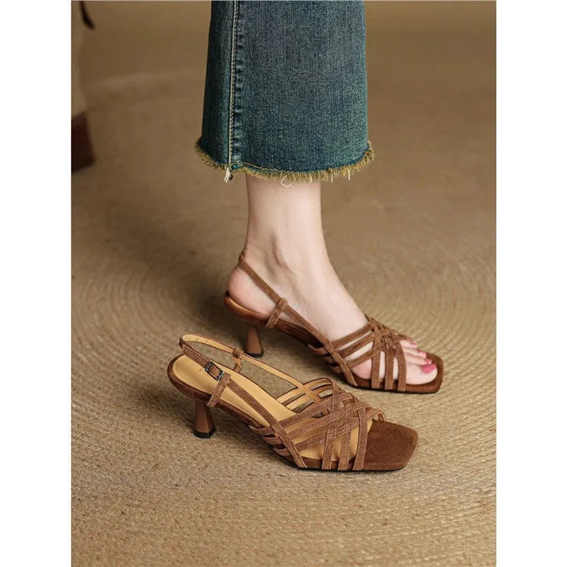 Retro soft leather-look women's sandals with thin cross straps, square toe, and ankle buckle on a mid heel
