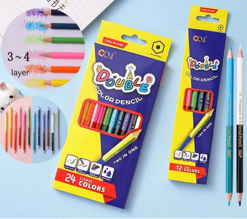 Set of wooden double-tipped colour pencils showing both the coloured lead end and the brush tip end.
