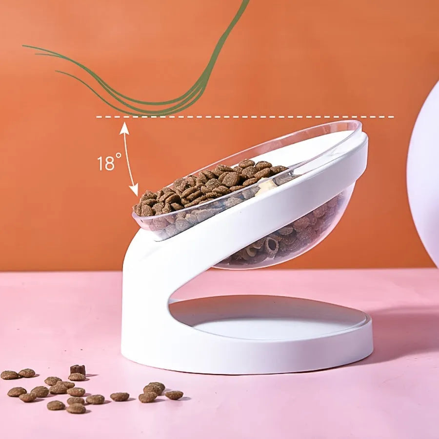 Clear white elevated cat food bowl with ergonomic tilt design for neck support