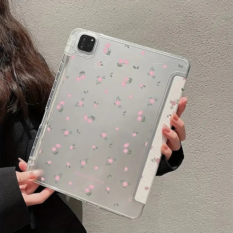 Transparent floral tri-fold iPad case with magnetic stand bracket shown open