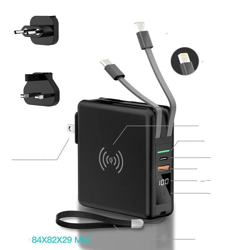 Black and white portable power bank with PD20W fast charging, wireless function, and built-in international plug adapters.