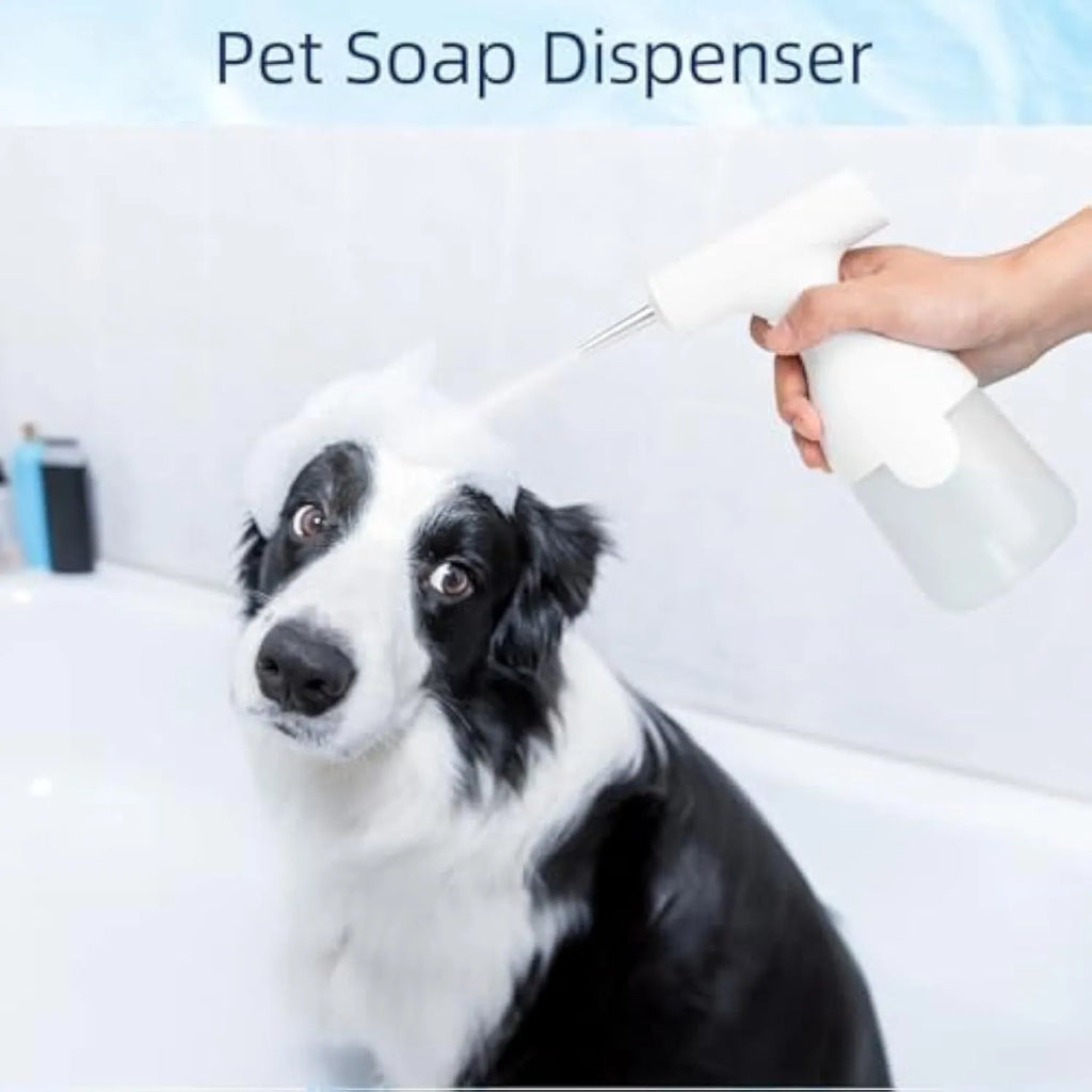 White electric foam soap dispenser with two nozzles for pet bathing and cleaning