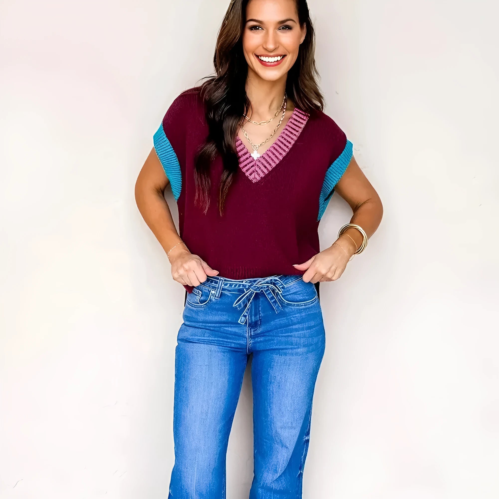 Burgundy women's V-neck loose fit sweater with contrast trim and cuffed short sleeves