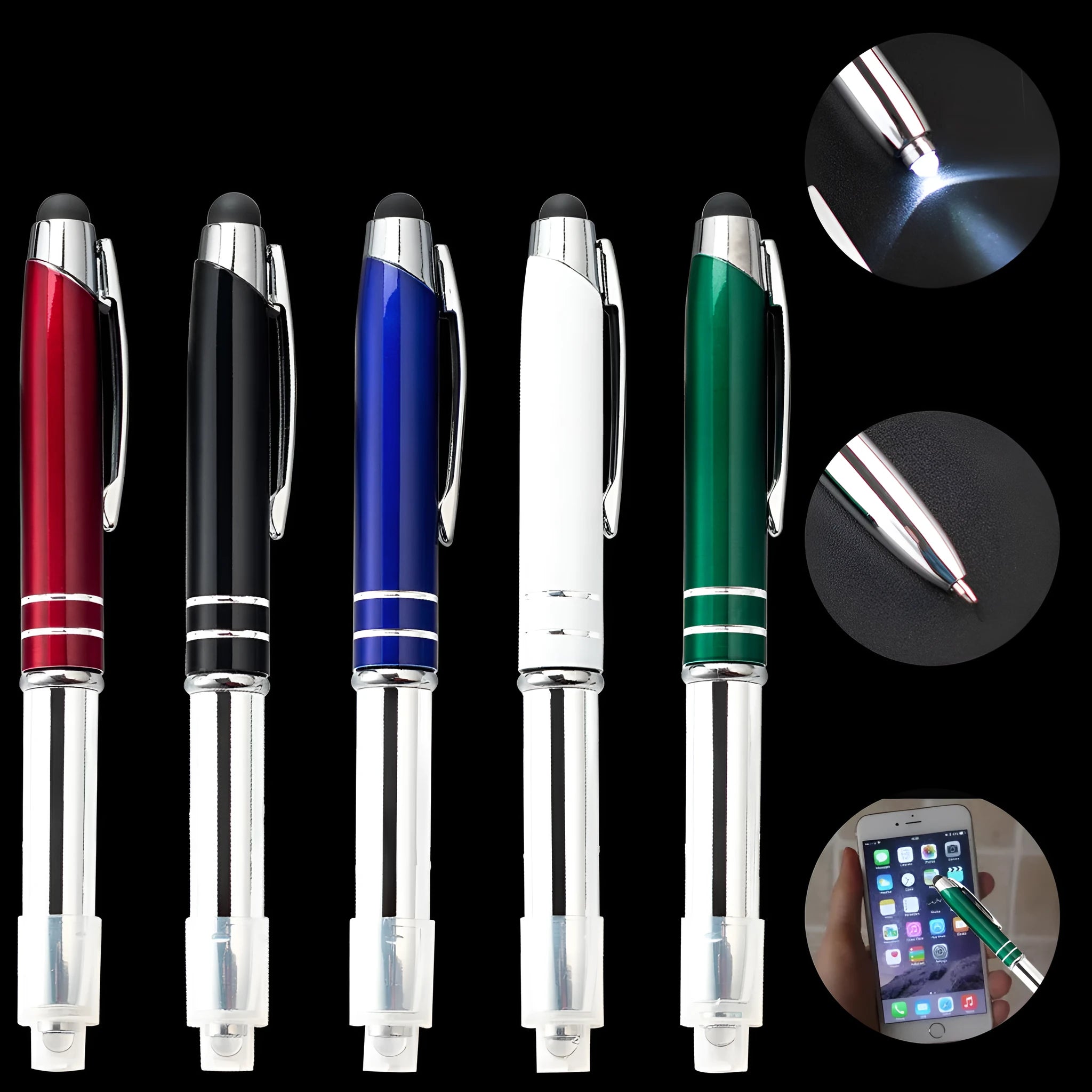 Metal ballpoint pen with capacitive stylus tip and LED light in five colour options