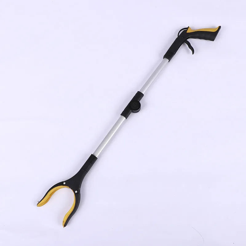 Foldable aluminium rubbish pick-up claw with blue handle, shown extended and with magnet sucker.