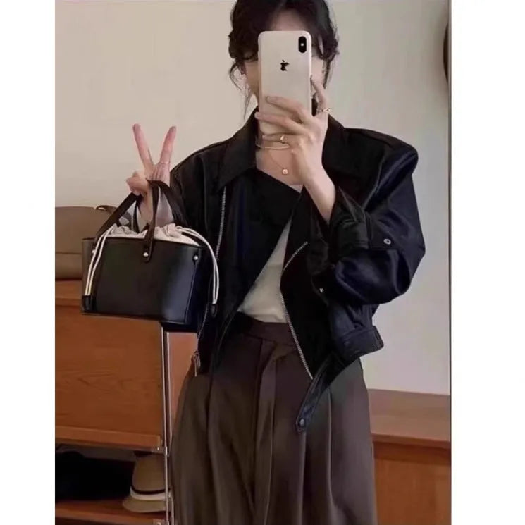 Women's black retro leather coat with slim fit and short 40cm length