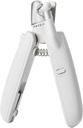 White LED pet nail clippers with transparent guard, triangular blade, and anti-slip handle next to a filing tool.