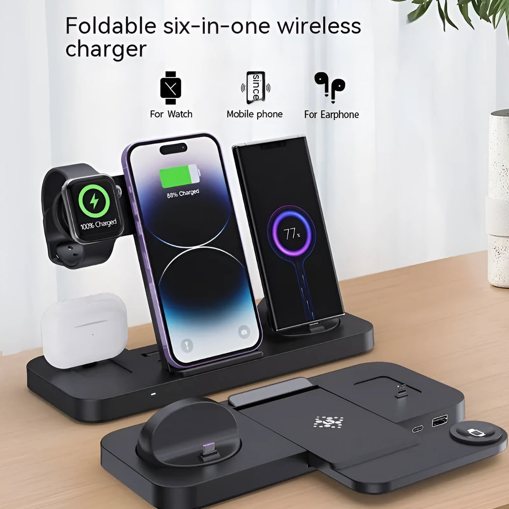 Multifunctional six-in-one foldable wireless charger in black plastic for phone earbuds and watch