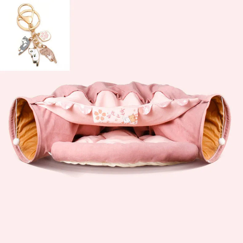 Collapsible cloth cat tunnel in Bar, Coffee, Matcha, or Pink colour, shown folded and unfolded.