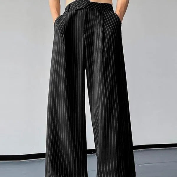 Black men's casual trousers with vertical stripes and pleated detailing