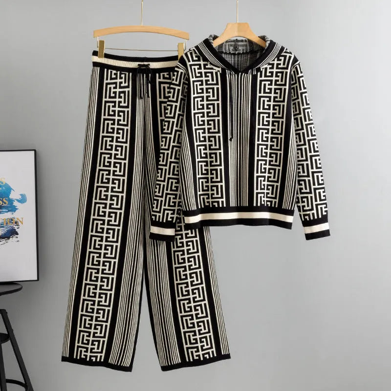 Women's casual knit two-piece set with hooded top and wide leg pants in khaki colour