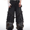 Men's grey jeans with camouflage splicing design and pin ribbon details