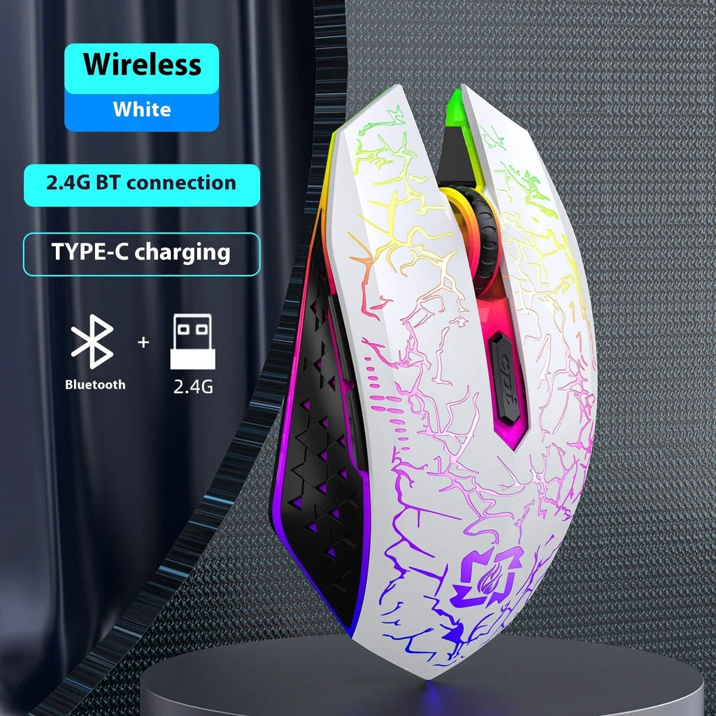 Black and white versions of wireless gaming mouse with RGB lighting on desk