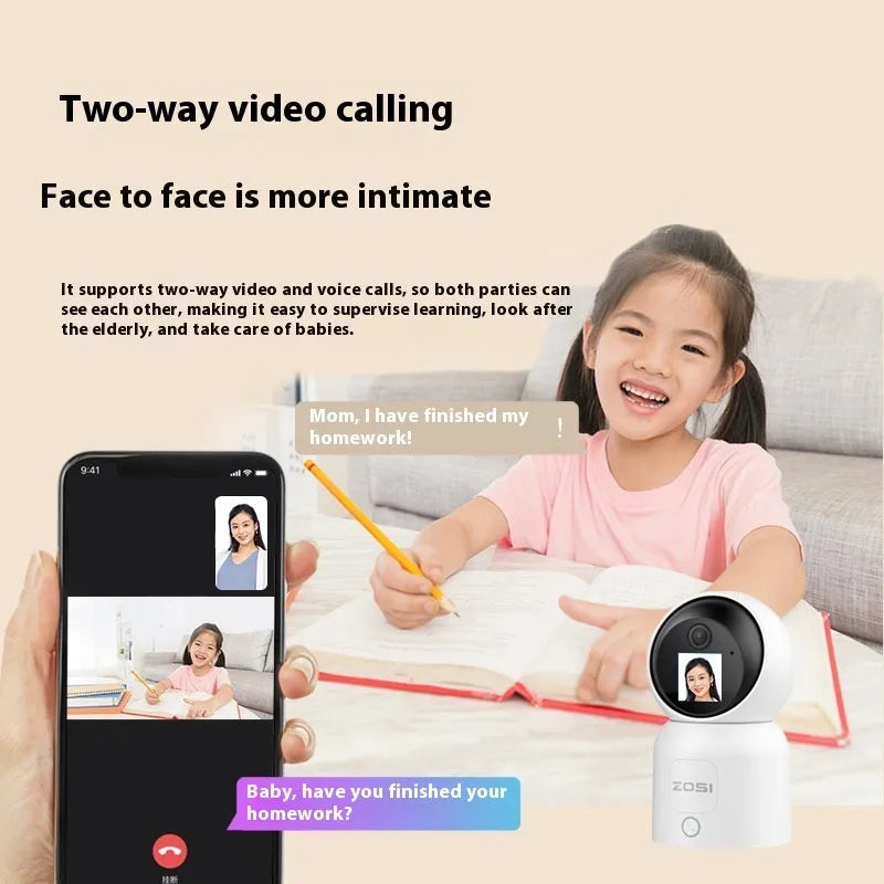 Zhou Shi white wireless indoor security camera with a large screen on the front and a screw-fixed mounting bracket.