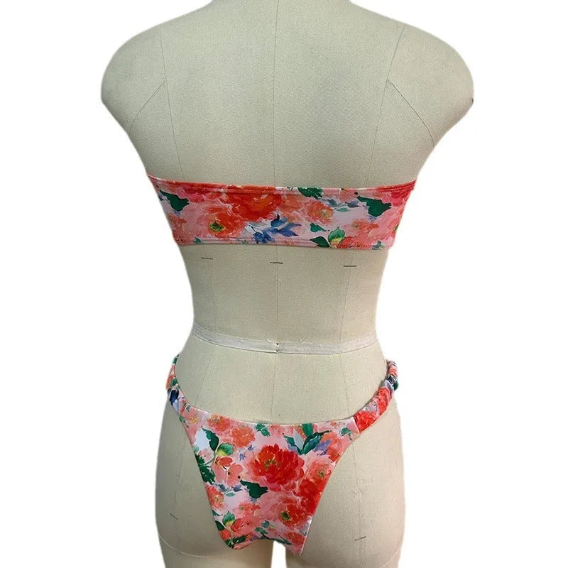 Women's floral printed tube top bikini set with lace trim in blue colour