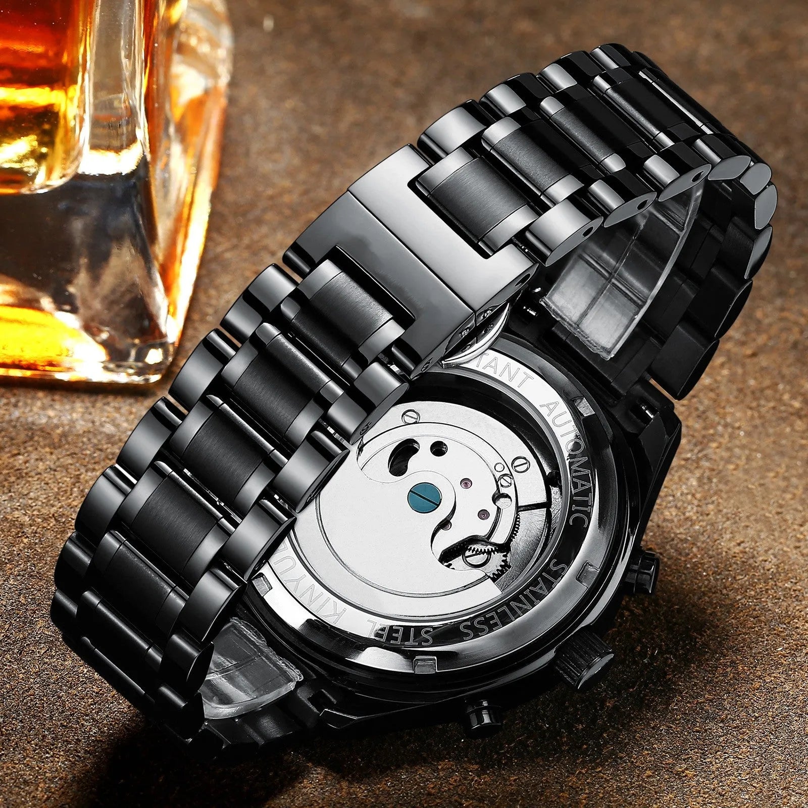 Men's 43mm automatic mechanical watch with calendar display, alloy case, stainless steel buckle in black and gold